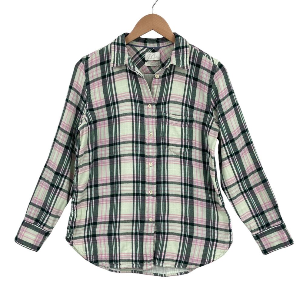 J.CREW Flannel Shirt Womens Sz 4 Multi Plaid Long Sleeve Classic Fit Button Down